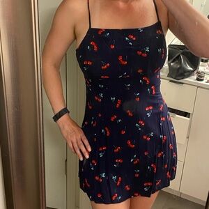 Y2k cherry fruit print mini dress navy blue summer sundress XS